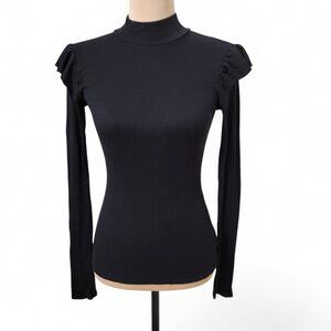 LAmade Size XS Black Tight-Ribbed Ruffled Shoulder Mock Neck Knit Top
